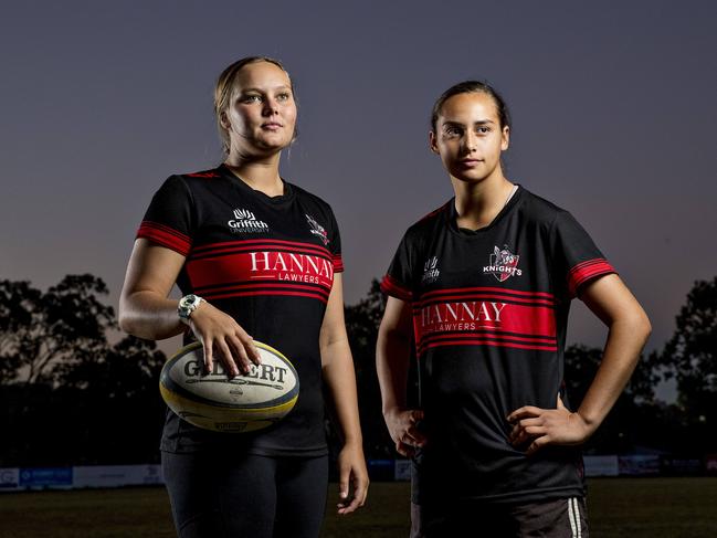 Knights female players Ashley Cooksley and Tiana Raftstrand-Smith. Picture: Jerad Williams