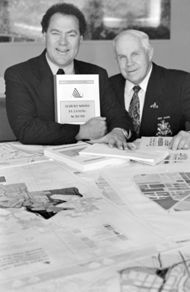 Mayor Ray Stevens with Councillor Merv Craig promoting the Albert Shire Strategic Plan in the 1990s. Picture: Paul Broben (From the City of Gold Coast picture archive)