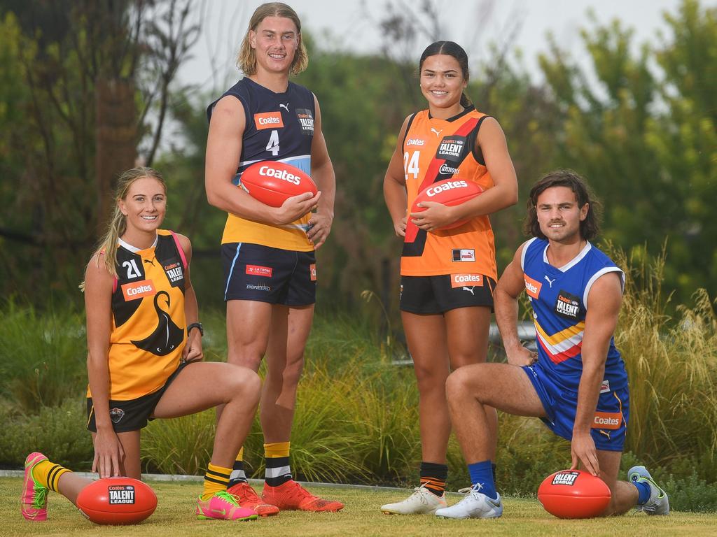 Mikayla Williamson of the Dandenong Stingrays, Harley Reid of the Bendigo Pioneers, Amy Gaylor of the Calder Cannons and Nick Watson of the Eastern Ranges ahead of the Coates Talent League season. Picture: Morgan Hancock