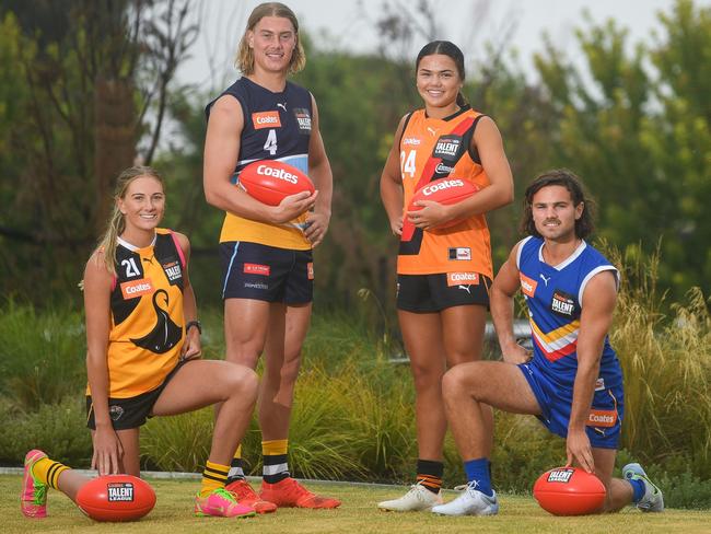 Mikayla Williamson of the Dandenong Stingrays, Harley Reid of the Bendigo Pioneers, Amy Gaylor of the Calder Cannons and Nick Watson of the Eastern Ranges ahead of the Coates Talent League season. Picture: Morgan Hancock