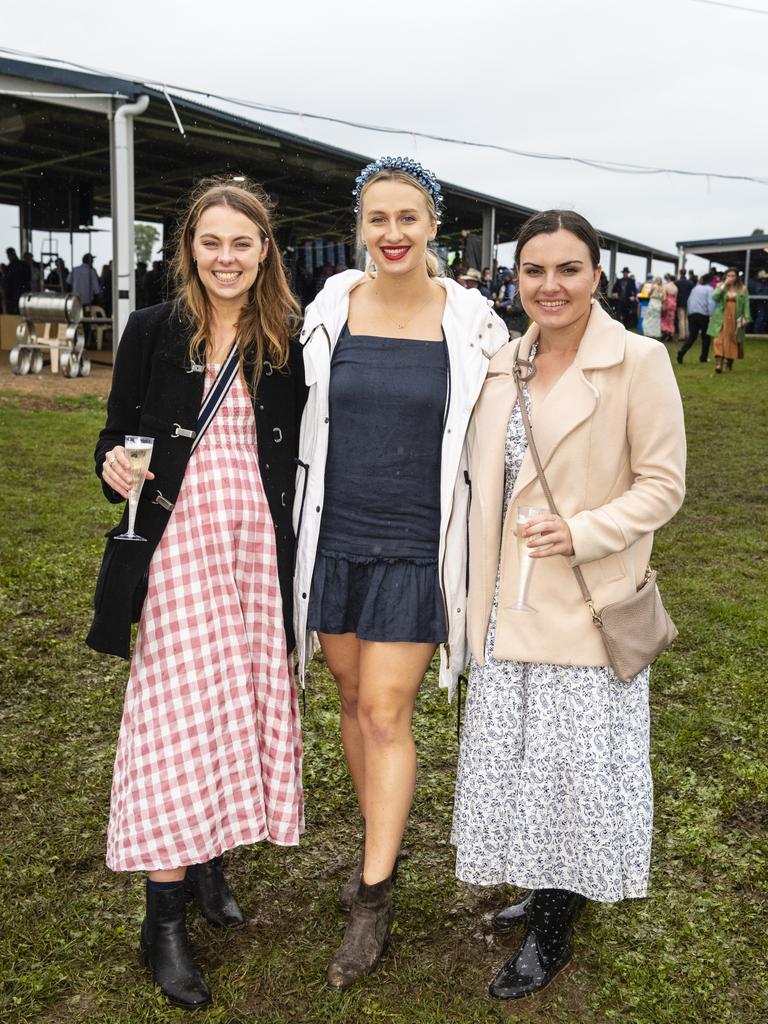 At the Clifton Jockey Club Clifton Cup races are (from left) Alice McPherson, Sarah Mantova and Alice Mason, Saturday, October 22, 2022. Picture: Kevin Farmer