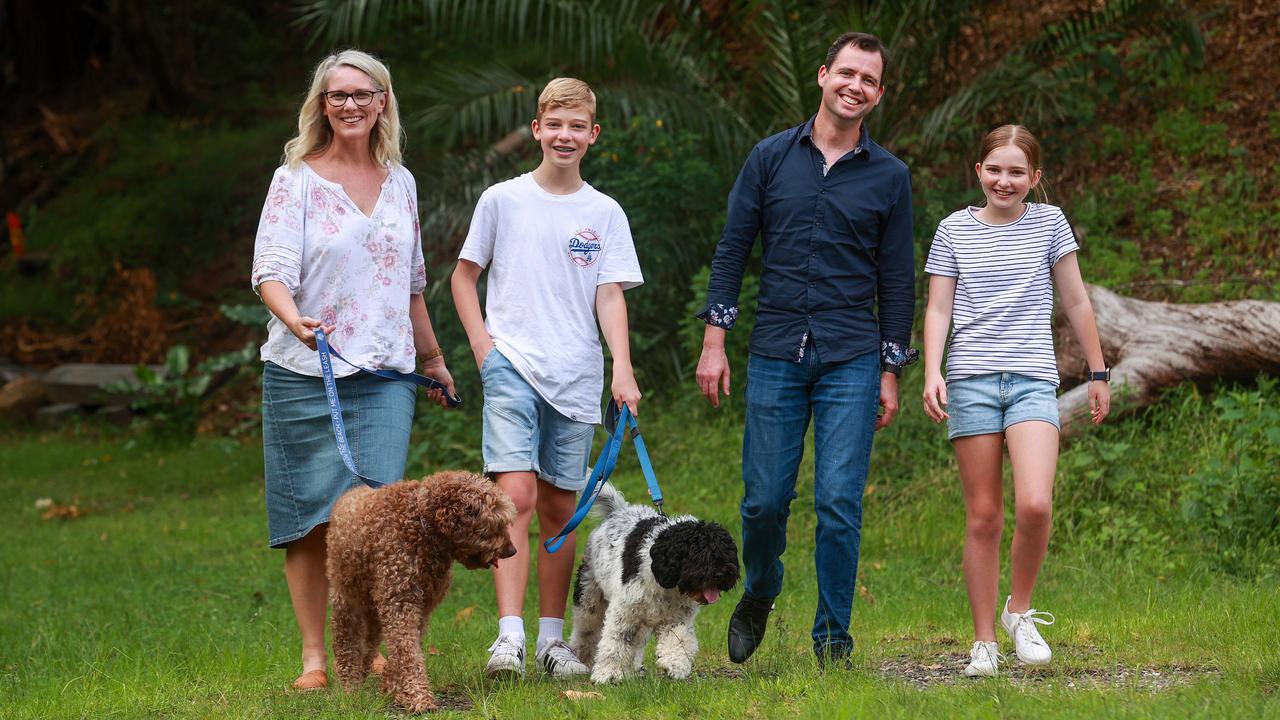 The Morrison family from Waterfall — Paul and Mara Morrison with their two children, Jacob, 13, and Gabi, 11 — are not related to Prime Minister Scott Morrison but are the type of demographic being targeted under cost of living measures. Picture: Justin Lloyd.