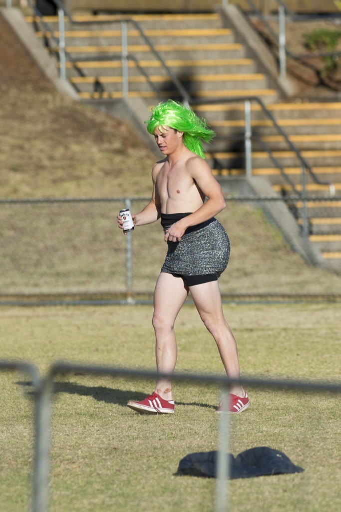 Toowoomba NPL players celebrate Mad Monday as their season finishes while watching USQ FC take on Willowburn in Toowoomba Football League Premier Men semi-final at Commonwealth Oval, Sunday, August 26, 2018. Picture: Kevin Farmer