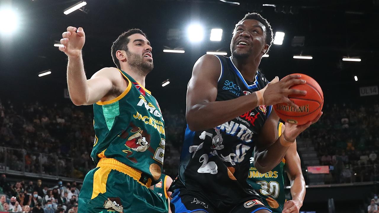 Good luck getting past Melbourne United big man Ariel Hukporti under the rim. Picture: Kelly Defina/Getty Images