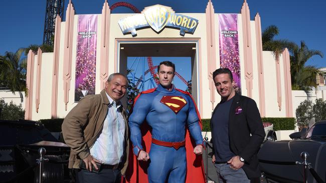 Gold Coast Mayor Tom Tate and Village Roadshow CEO Clark Kirby at Movie World for its reopening. Picture: NCA NewsWire /Steve Holland)