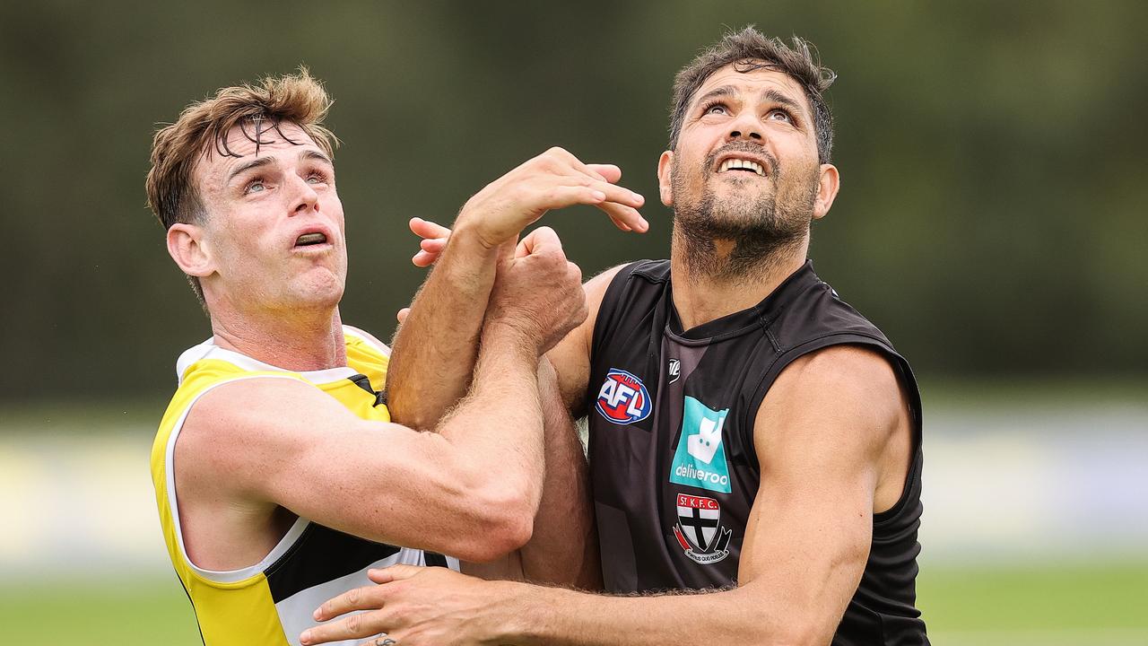 Former Crow Paul Hunter, left, will be St Kilda’s No. 1 ruckman in Round 1. Picture: Martin Keep/Getty Images