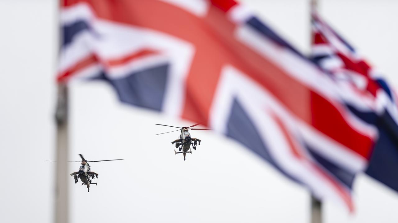 ARH Tiger helicopters are seen during the Oakey Army Aviation Centre flyover during the Citizens Commemoration Service at the Mothers' Memorial on Anzac Day, Monday, April 25, 2022. Picture: Kevin Farmer