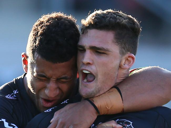 SYDNEY, AUSTRALIA - SEPTEMBER 08: Nathan Cleary of the Panthers celebrates with Viliame Kikau of the Panthers after scoring a try during the round 25 NRL match between the Penrith Panthers and the Newcastle Knights at Panthers Stadium on September 08, 2019 in Sydney, Australia. (Photo by Jason McCawley/Getty Images)