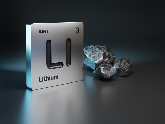 Lithium element symbol from the periodic table near metallic lithium with copy space. 3d illustration.