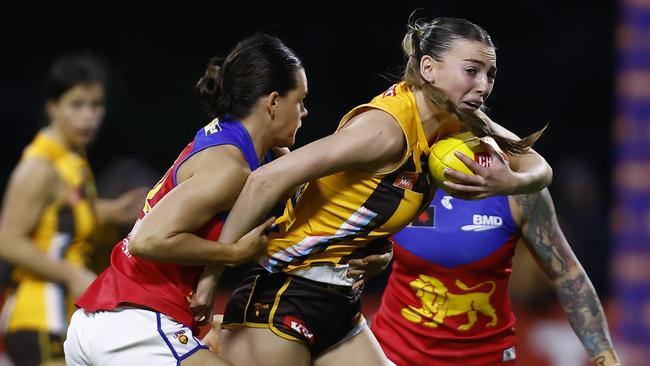 Sophie Conway tackles Aine McDonagh at SkyBus Stadium. Picture: Darrian Traynor/Getty Images