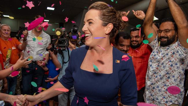 Country Liberal Party leader Lia Finocchiaro arrives to cheers after her party's 2024 Northern Territory election win. Picture: Pema Tamang Pakhrin