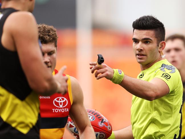 SYDNEY, AUSTRALIA - MAY 30: Umpire Nathan Toner calls instructions during the round 11 AFL match between the Richmond Tigers and the Adelaide Crows at GIANTS Stadium on May 30, 2021 in Sydney, Australia. (Photo by Mark Kolbe/AFL Photos/via Getty Images)