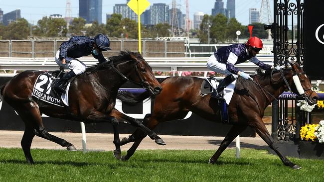 Kerrin McEvoy riding out Tiger Moth (left) into second behind Twilight Payment in the 2020 Melbourne Cup at Flemington. Photo by Robert Cianflone/Getty Images for the VRC.