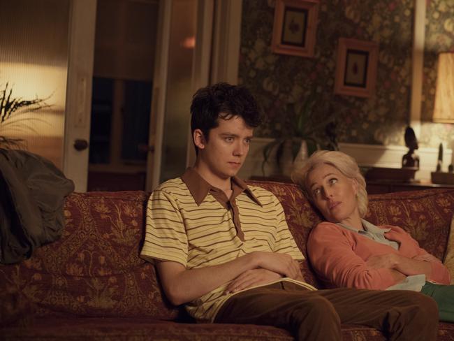 Asa Butterfield and Gillian Anderson in a scene from the TV series Sex Education. Supplied by Netflix.