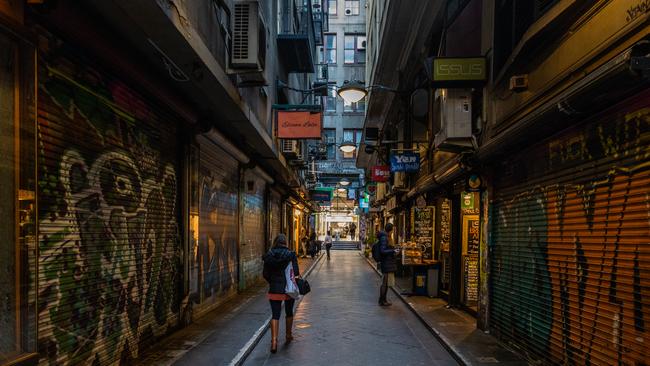 Degraves Street, one of Melbourne’s popular and usually bustling laneways, was all but deserted on Thursday as the lockdown shut the city down again. Picture: Getty Images