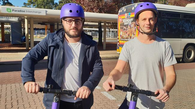 Beam Scooters SA operations manager Paul Frazer (left) and SA general manager Lachlan Cooper at the Paradise interchange. Picture: COLIN JAMES