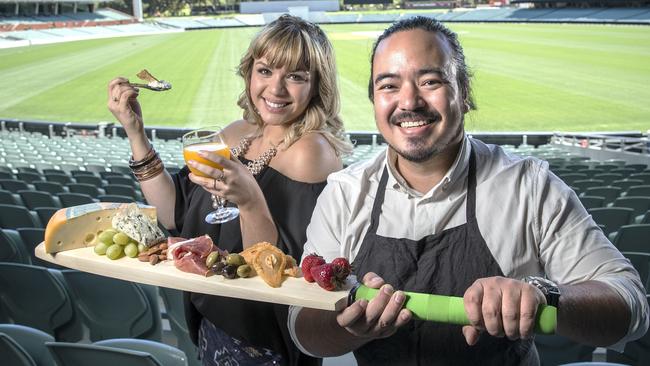 Performer Sarah Lloyde with chef Adam Liaw at Adelaide Oval. Picture: Mike Burton