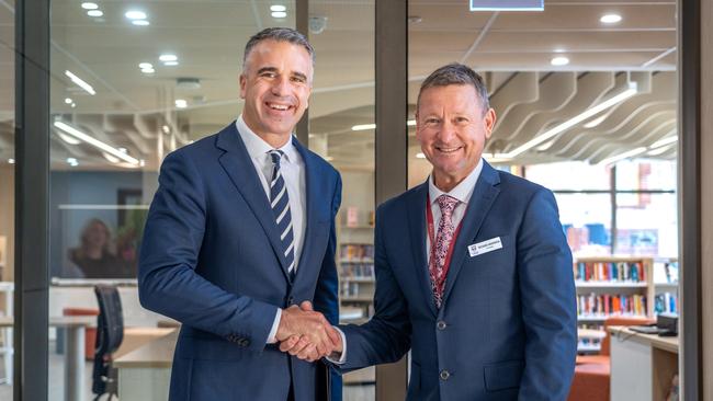 Premier Peter Malinauskas with St John's principal Richard Anderson, who will retire at the end of term 2. Picture: Supplied.