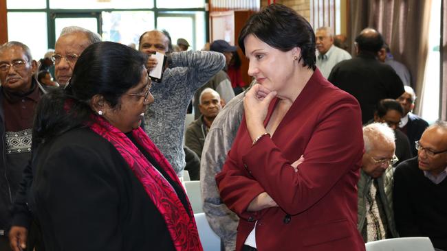 Opposition leader Jodi McKay with a member of the Tamil community in Wentworthville yesterday