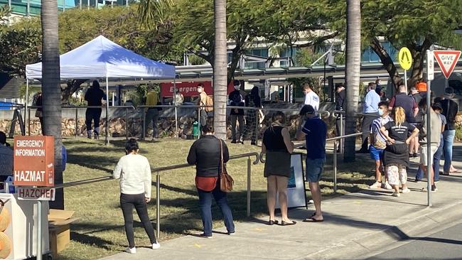 The line-up outside the RBWH fever clinic this afternoon.