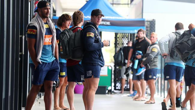 Titans players turn up for their team briefing at the club’s high performance centre on the Gold Coast. Picture: Getty Images