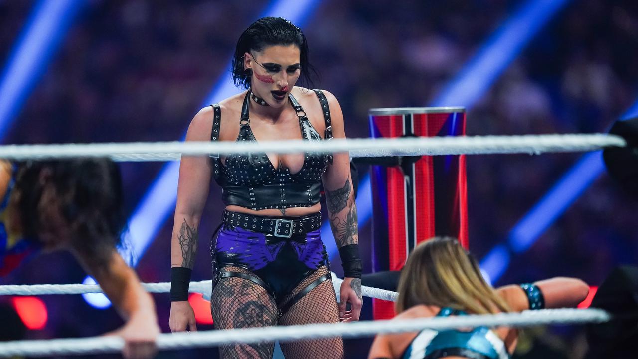 Rhea Ripley looks on during the WWE Royal Rumble. Photo by Alex Bierens de Haan/Getty Images.