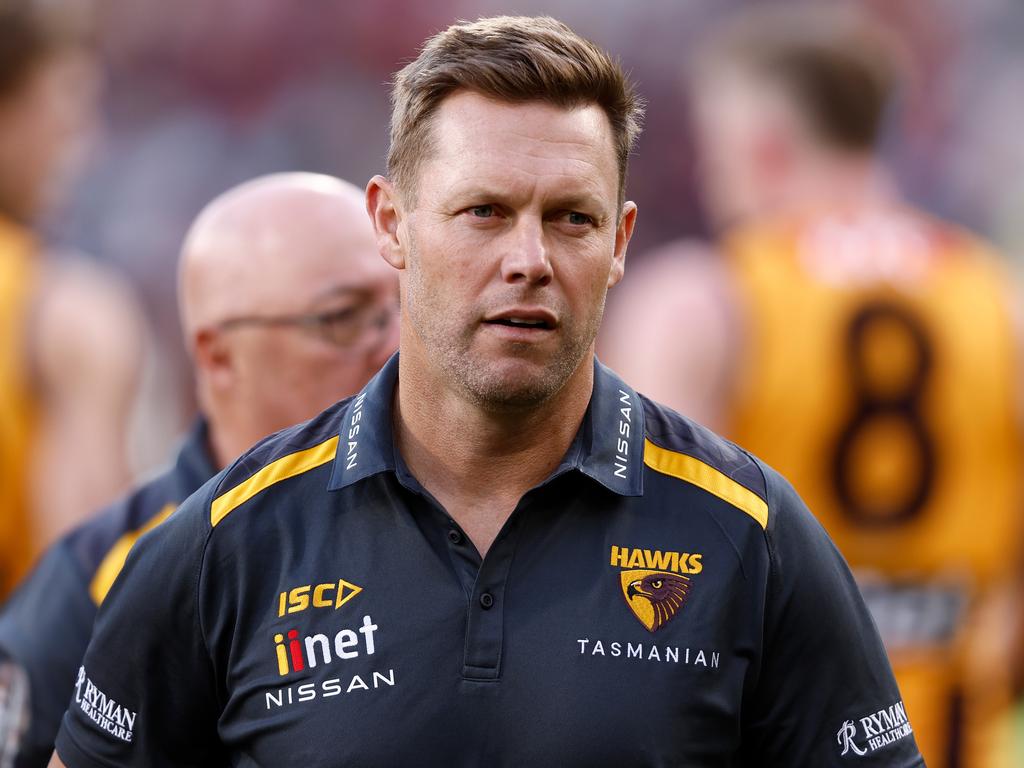 MELBOURNE, AUSTRALIA - MARCH 23: Sam Mitchell, Senior Coach of the Hawks looks on during the 2024 AFL Round 02 match between the Hawthorn Hawks and the Melbourne Demons at the Melbourne Cricket Ground on March 23, 2024 in Melbourne, Australia. (Photo by Michael Willson/AFL Photos via Getty Images)