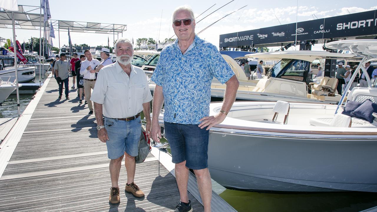 Dominic Court and Brett Treacy at the Sanctuary Cove Boat Show. Picture: Glenn Campbell