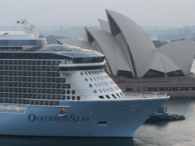 SYDNEY, AUSTRALIA - DECEMBER 16:  Royal Carribbean cruise ship 'Ovation of the Seas' returns to Circular Quay in Sydney on December 16, 2019 in Sydney, Australia. Several of the ship's passengers were amongst the tourists killed at White Island when a volcano erupted on December 9, 2019, with 16 people now confirmed deceased. (Photo by Lisa Maree Williams/Getty Images)