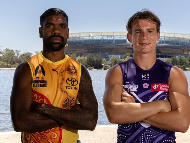 PERTH, AUSTRALIA - JANUARY 16th: Liam Ryan of the Eagles and Indigenous All Stars squad member and Caleb Serong of the Fremantle Dockers pose during the Indigenous All Stars Guernsey & Sherrin unveiling at Mardalup Park on January 16th, 2025 in Perth, Australia. (Photo by Will Russell/AFL Photos via Getty Images)