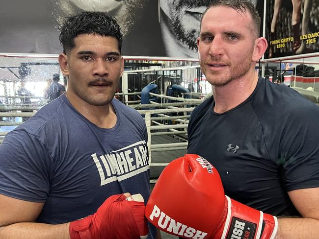 Former NRL Titan Alex Leapai Jr and top Australian heavyweight boxer Demsey McKean after sparring together at Fite Klub in Burleigh on the Gold Coast, October 29, 2024. Picture: Supplied.