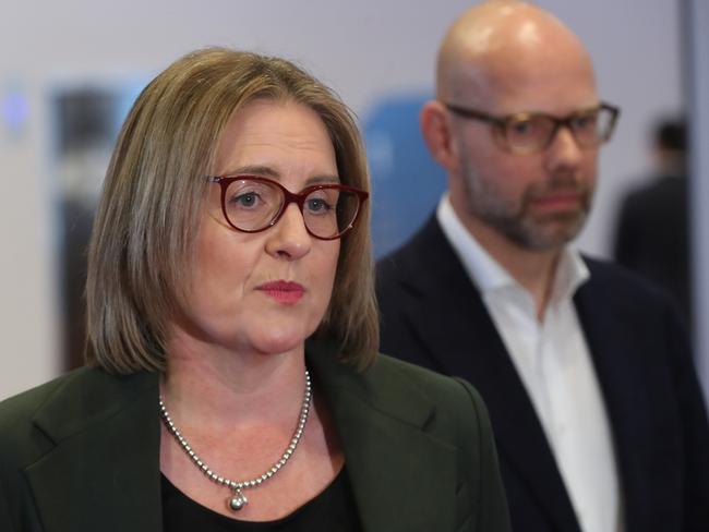 Victorian Premier Jacinta Allan holds a door stop press conference outside a Housing conference in Melbourne along with Jeroen Weimar who is heading up the governments housing policy. Monday, August 5. 2024. Picture: David Crosling