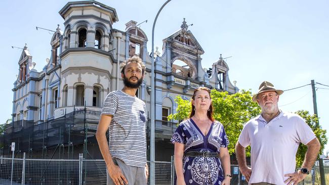 Cr Jonathan Sri, Save The Broadway Campaign member Tonia Scholes and Gabba Hill Community Group organiser Rob Friend demand action in January last year. Picture: AAP/Richard Walker