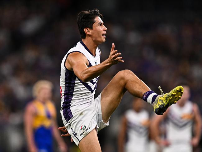 Bailey Banfield of the Dockers kicks at goal. (Photo by Daniel Carson/AFL Photos via Getty Images)