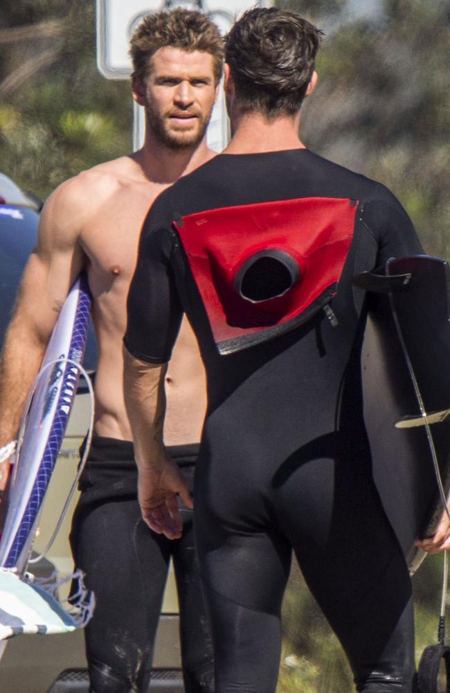 The Hemsworth brothers are both avid surfers. Chris once said as a kid he “spent more hours in the water than out”. Picture: Media-Mode