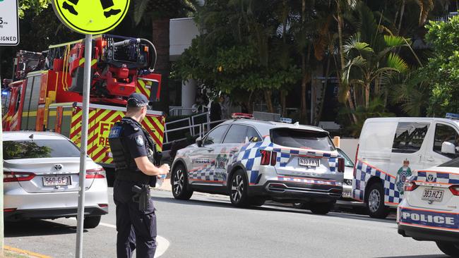 Emergency Services and Police on scene of a fire in a unit complex in Surf Parade Surfers Paradise. The area was declared a crime scene. Picture: Glenn Hampson