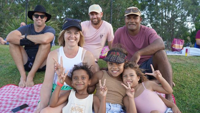 Kurt Davis, Cassie Clough, Tiger-Lily Naita, 6, Nathan Keats, Angel Naita, 10, William Naita and Ivy Naita, 4, at Sunshine Coast Stadium on Sunday, February 12, 2023. Picture: Katrina Lezaic