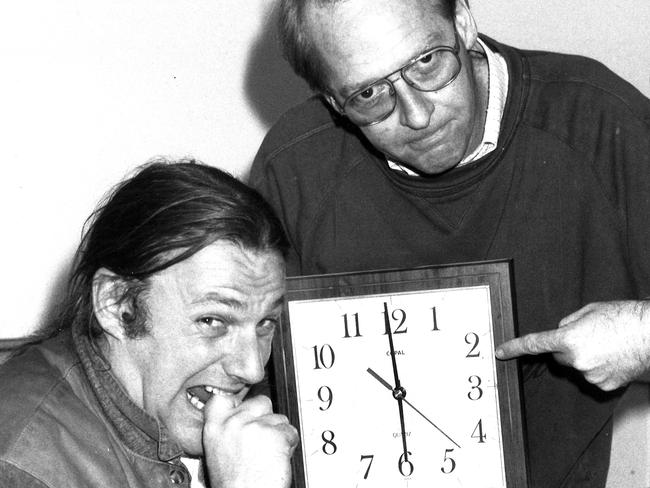 Wilbur Wilde contemplates an early start to the day with then 3UZ breakfast show co-host John Blackman in 1989.