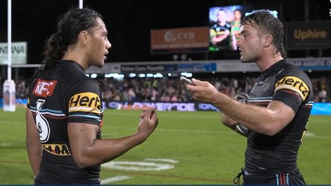 The Panthers players had a spirited discussion. Picture: Channel 9