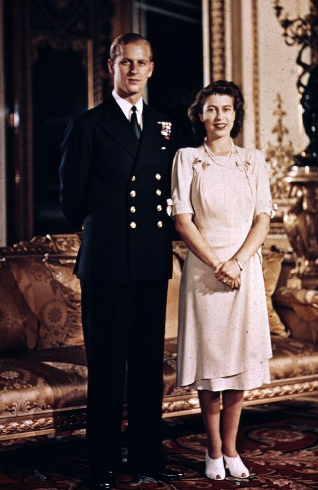 Prince Philip and then-Princess Elizabeth pose for a photo before their marriage in 1947 — no hand holding here. Picture: Hulton Archive