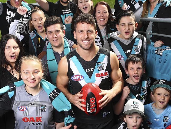 Port Adelaide Captain Travis Boak at the Adelaide Oval with some of the Power faithful ahead of the Elimination Final against West Coast Eagles. Picture Sarah Reed