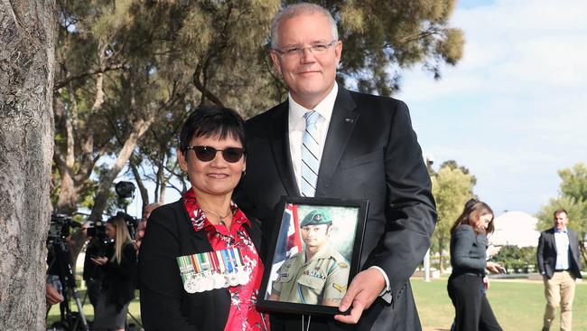 Scott Morrison and Myrna Walker, the mother of Lance Corporal Mervyn McDonald. Picture: Gary Ramage