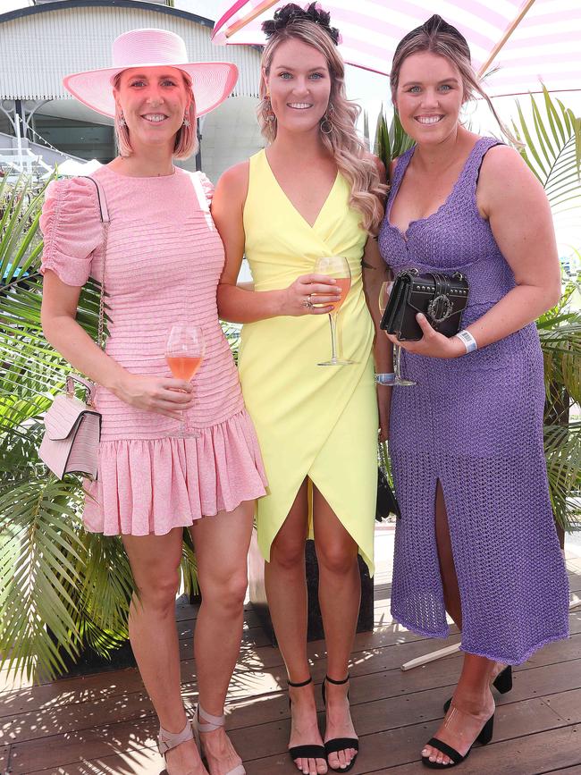 Clare Fergusson, Gretel Tippett and Emma Tickner at the Races Melbourne cup day . Pic Annette Dew
