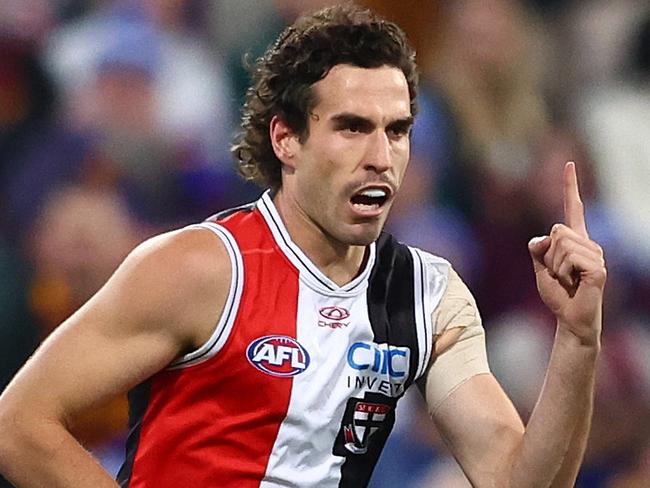 BRISBANE, AUSTRALIA - JUNE 14: Max King of the Saints celebrates a goal during the round 14 AFL match between Brisbane Lions and St Kilda Saints at The Gabba, on June 14, 2024, in Brisbane, Australia. (Photo by Chris Hyde/AFL Photos/via Getty Images)