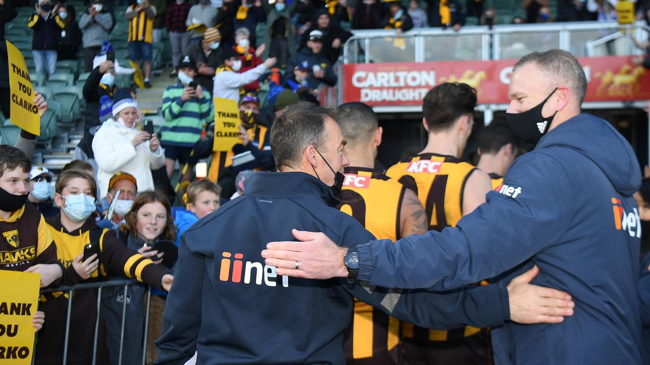 Clarkson receives a standing ovation in Tasmania. Picture: AFL Photos/via Getty Images