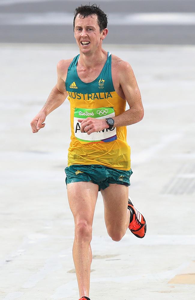 Australia’s Liam Adams finishes the marathon in Rio.