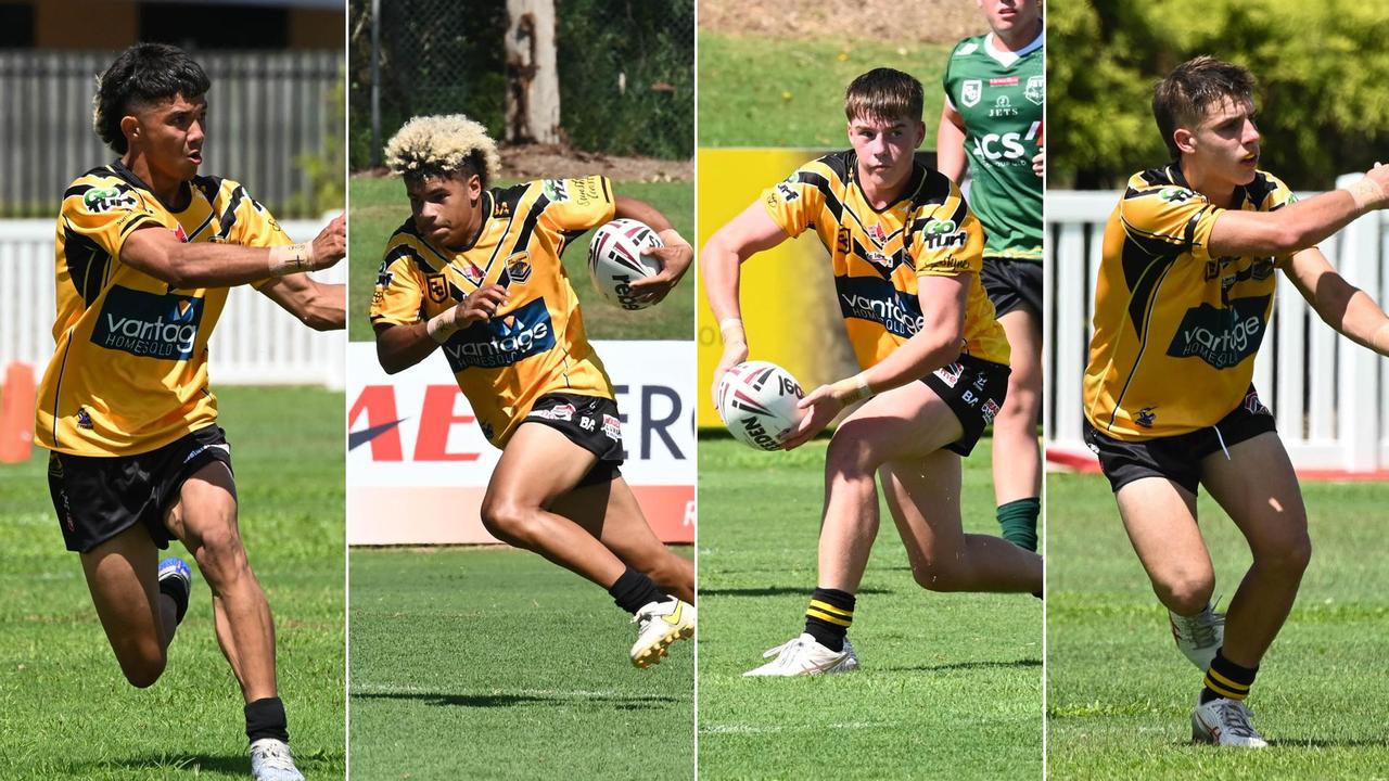 Sunshine Coast Falcons players Tyler Conquest, Ellyjah Birve, Jackson Koina and Tyson Fallon-May. Pictures: kyliesfootyphotos/Kylie McLellan