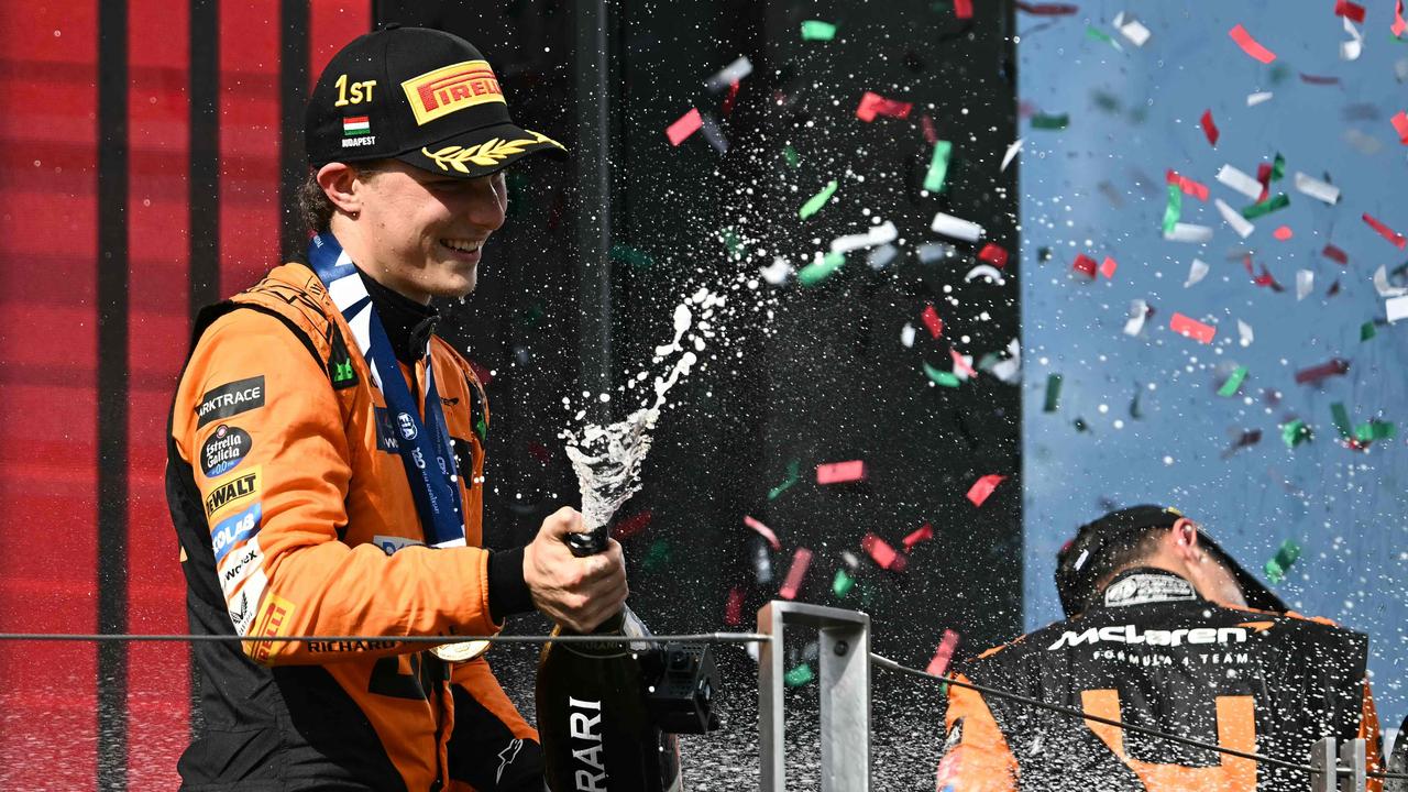 Oscar Piastri celebrates his win at the Hungarian Grand Prix. Picture: Attila Kisbenedek/AFP