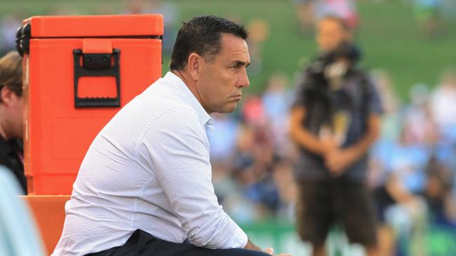 SYDNEY, AUSTRALIA — APRIL 06: Sharks Coach Shane Flanagan looks on before the round five NRL match between the Cronulla Sharks and the Sydney Roosters at Southern Cross Group Stadium on April 6, 2018 in Sydney, Australia. (Photo by Mark Evans/Getty Images)