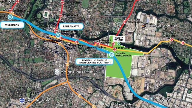 Sydney suburb of Camellia that has is in the development planning. Green area shows Rosehill racecourse and Camellia development proposal area Photo: Supplied